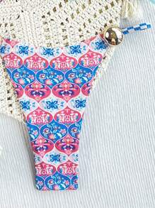 SHEIN 2 pezzi/set Nuovo costume da bagno bikini con nodo laterale a taglio alto e stampa floreale multicolore, per vacanze al mare