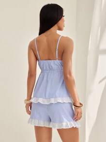 SHEIN PETITE Women's Sexy 2 Pieces Set: Embroidered Ruffle Hem Camisole And Shorts For Summer - Blue and White - View 2