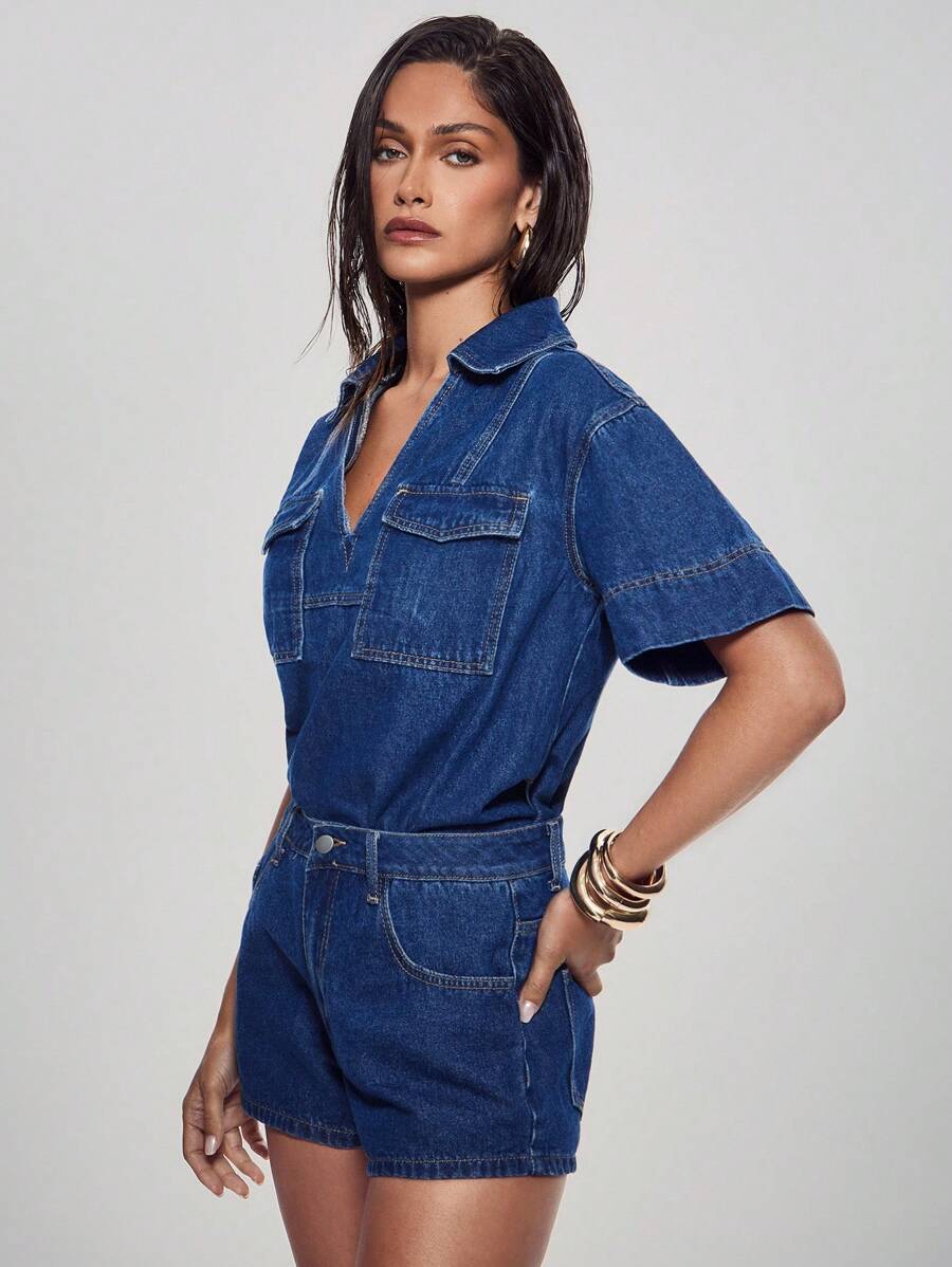 Denimoi Drawstring Waist Relaxed Fit Denim Shorts - Medium Wash - View 1