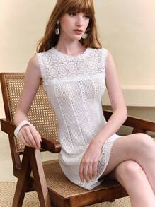 EMERY ROSE Women's Crochet Lace Patchwork Sleeveless Fitted Knit Mini Dress,Vacation Outfits Woman,Beach Outfits For Woman,Sun Dress,Hawaii Outfits Women,Summer Clothes Women,Dresses For Women Casual,Sexy Dresses For Women,Cruise Women Outfits,Beach Clothes,Resort Wear Women,White Dress - White - View 2