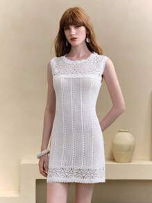 EMERY ROSE Women's Crochet Lace Patchwork Sleeveless Fitted Knit Mini Dress,Vacation Outfits Woman,Beach Outfits For Woman,Sun Dress,Hawaii Outfits Women,Summer Clothes Women,Dresses For Women Casual,Sexy Dresses For Women,Cruise Women Outfits,Beach Clothes,Resort Wear Women,White Dress - White - View 4