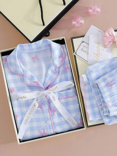 Teen Girls Pajama Set, Fashionable And Elegant Light Blue Plaid Print With Pink Bow, Ruffle Trim Short Sleeve Top And Long Pants Loungewear 2 Pieces Set Light Blue Pj Set Gingham Pajama Set Back To School Fashion