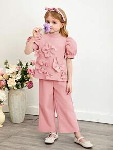 SHEIN Young Girl 2pcs Set:3D Flower Puff Sleeve Stand Neck Blouse Top & Loose Casual Pants,Cute Elegant Light Pink Summer Outfit For Party & Daily Wear - Pink - View 5