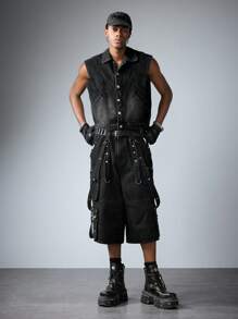 ROMWE MEN Street Life 男士单排扣翻领休闲牛仔背心 - 淺灰色 - 查看 7