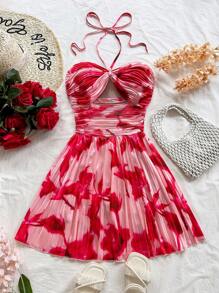 Soleia Vestido bohemio corto de mujer con estampado floral de teñido anudado, cuello de halter, cintura con lazo, para la playa, temporada de bodas, vacaciones, festivales de música, verano - Blanco - Ver 5