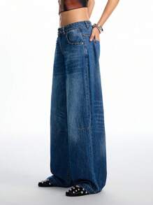 LYSMO Women's Casual Everyday Washed Slant Pocket Pearl Decor Wide Leg Jeans - Blue - View 3