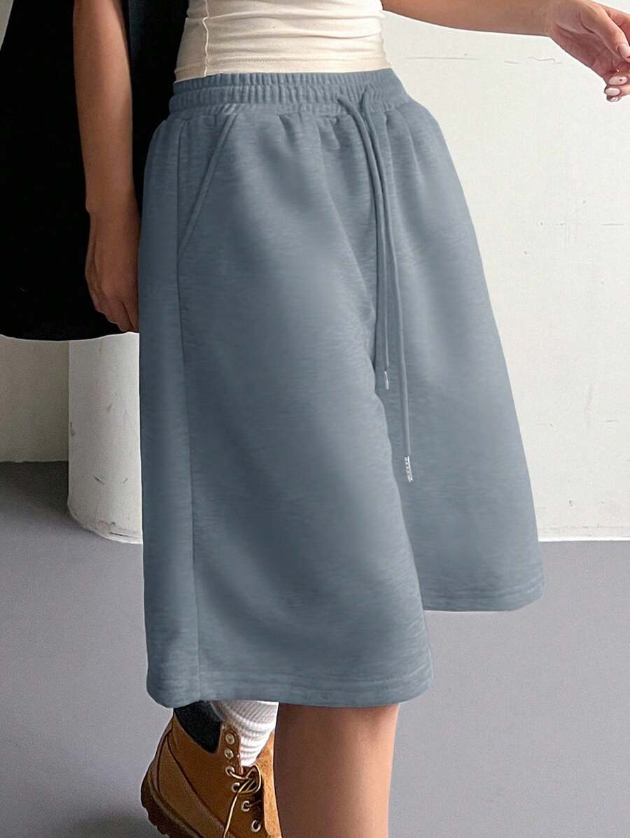 DAZY Shorts sueltos de cintura elástica con cordón y bolsillo de unicolor para mujer - Neblina azul - Ver 1