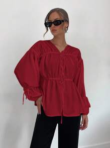 Siren Gaze 女式新款褶饰V领长袖衬衫，白色 - 酒紅色 - 查看 1