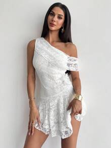 Firerie Asymmetrical Neck Cinched Waist Romantic Floral A-Line Lace White Mini Dress, Elegant For Dates, Parties, Vacations - White - View 5