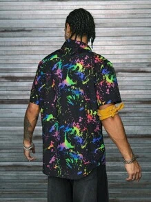 AXEPEAK Áo sơ mi nam phản quang in hình mực, áo sơ mi tay ngắn cài nút lấp lánh họa tiết graffiti nhiều màu sắc, thời trang đường phố - màu đen - Xem 2