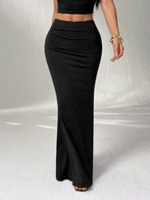 SHEIN PETITE 女式简约优雅纯色鱼尾下摆半身裙 - 黑色 - 查看 8