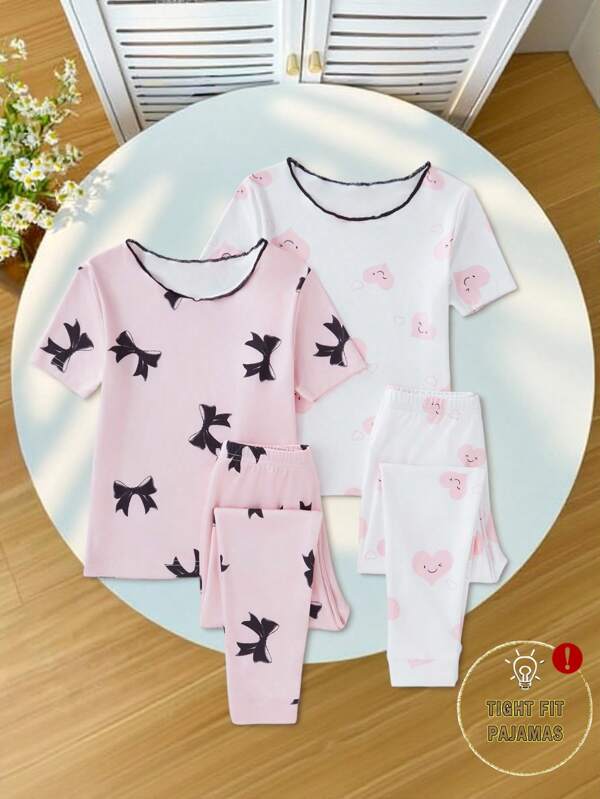 4-delige pyjamaset voor jonge meisjes - top met korte mouwen en geribbelde lange broek, nauwsluitende pyjama voor thuis