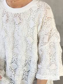 FRIFUL Camiseta feminina branca solta, tecido texturizado, gola redonda, manga média, roupa casual de verão, transparente - Branco - Ver 6