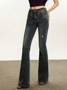 Rina Fox Women's Pockets & Distressed Flare Casual Versatile Jeans
