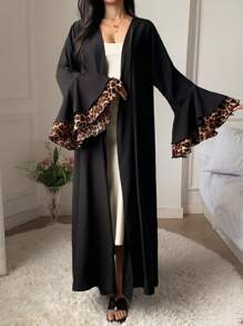 DAZY Leopard Print Patchwork Ruffled Flare Sleeve Long Loose Women's Bathrobe Pajama - Black - View 4