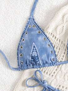 SHEIN Swim 全新夏季女式仿牛仔印花细肩带露背系带上衣和侧系带比基尼泳裤两件套泳衣套装 - 彩色 - 查看 5