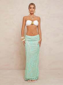 Lumalex 秋季简约复古夏季泳装泳衣泳装度假优雅复活节波西米亚风海滩热门户外丰富层次婚礼季宴会成人礼海滩海边女士亮片装饰低腰开衩半身裙 - 薄荷綠 - 查看 9