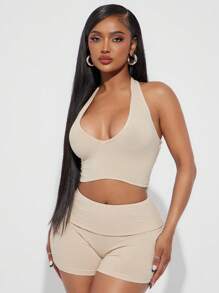 SHEIN SXY 2 件套女士夏季休闲纯色挂脖 V 领无袖系带露背背心和短裤套装 - 杏色 - 查看 2