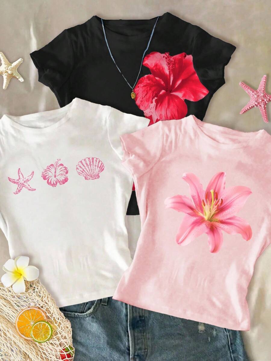 SHEIN 3 件套青少年女孩修身休闲简约 T 恤，舒适圆领长款短袖 T 恤，适合夏季，夏季图案 T 恤，女童婴儿 T 恤，夏季女孩沙滩 T 恤，女孩花朵衬衫，芙蓉 T 恤，学校，校园，大学 - 彩色 - 查看 1