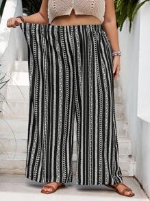 SHEIN CURVE+ 大码女式条纹松紧腰阔腿宽松休闲裤夏季/乡村/海滩度假装/沙滩装/沙滩装 - 黑與白 - 查看 1