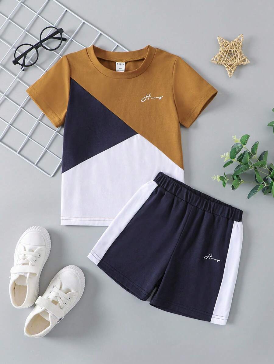 SHEIN Explorewe Bộ 2 áo phông và quần short họa tiết khối màu tương phản thường ngày cho bé trai, mùa hè - Nhiều màu - Xem 1