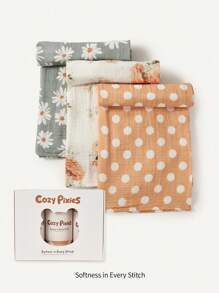 Cozy Pixies Bộ quà tặng chăn quấn trẻ sơ sinh 3 món, vải muslin mềm mại và ấm áp họa tiết hoa cúc và chấm bi, mùa xuân/hè - Nhiều màu - Xem 1