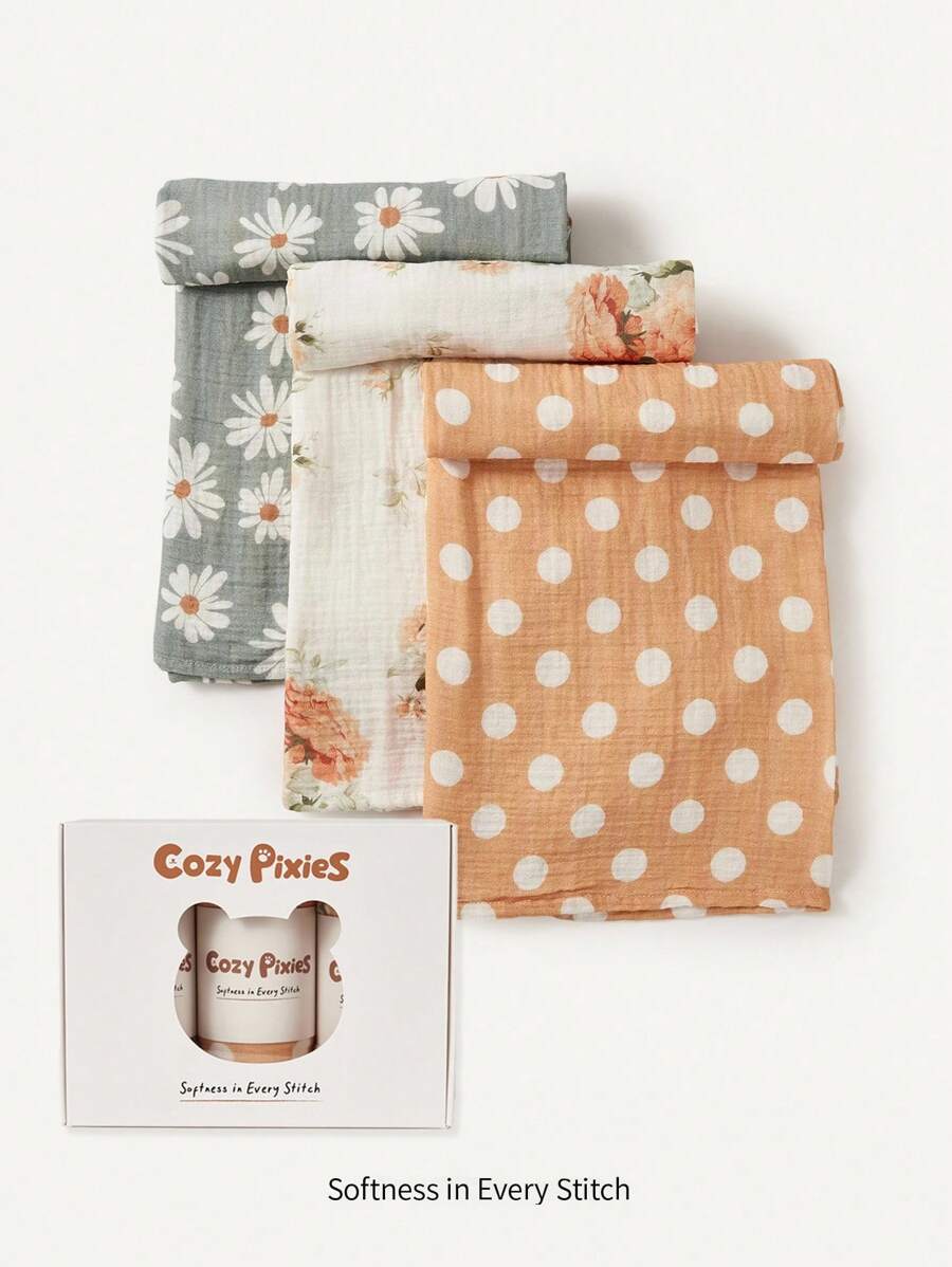 Cozy Pixies Bộ quà tặng chăn quấn trẻ sơ sinh 3 món, vải muslin mềm mại và ấm áp họa tiết hoa cúc và chấm bi, mùa xuân/hè - Nhiều màu - Xem 1