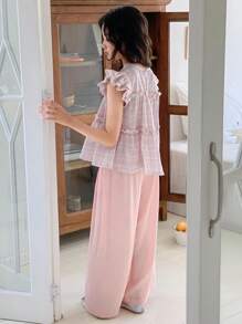 Dazy Kids 2pcs Tween Girl Girls' Plaid Print Crew Neck Short Sleeve Blouse And Long Pants Set, Autumn