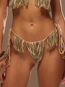 Musera Resort 钩针编织低腰流苏比基尼内裤，仅限春夏度假性感波西米亚风伊比沙岛音乐节海滩泳装罩衫狂欢派对Y2K西部波西米亚乡村牛仔纳什维尔狂欢节假日 - 卡其色 - 查看 1