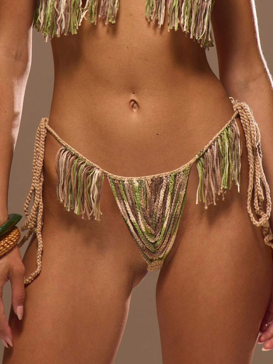 Musera Resort 钩针编织低腰流苏比基尼内裤，仅限春夏度假性感波西米亚风伊比沙岛音乐节海滩泳装罩衫狂欢派对Y2K西部波西米亚乡村牛仔纳什维尔狂欢节假日 - 卡其色 - 查看 1