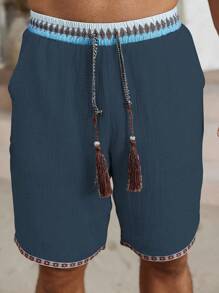 VENTUSAIL 男士休闲日常海滩度假装，经典波西米亚风格休闲短裤，采用仿亚麻纹理面料和图案织带制成，配有松紧腰带，非常适合夏威夷海滩度假、音乐节和日常穿着，也是送给男朋友或丈夫的绝佳礼物。男士休闲假日抽绳流苏腰短裤，男士夏装，男士短裤，夏季 - 藏蓝色 - 查看 5