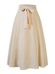 SHEIN Unity Falda acampanada de talle alto con lazo frontal en estilo francés para mujer de talla grande - Albaricoque - Ver 1