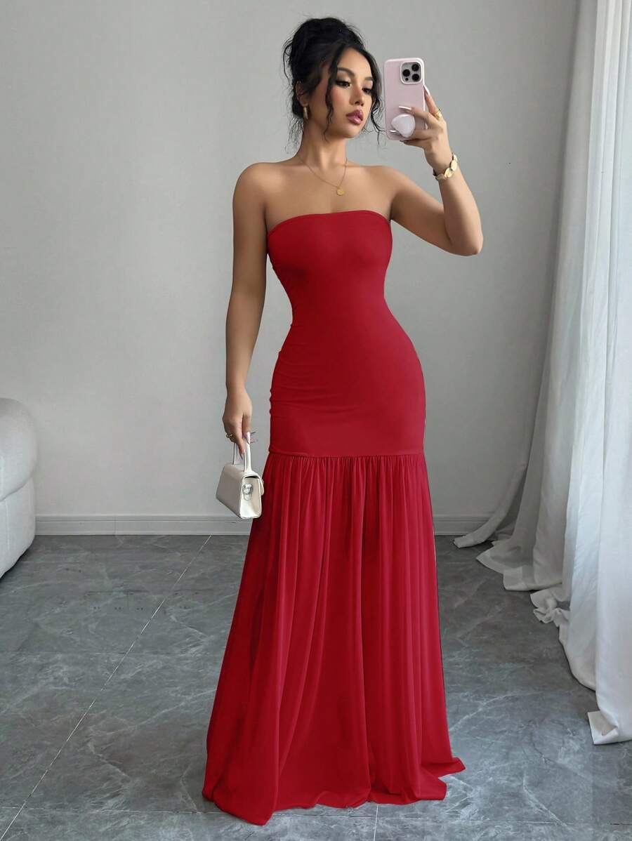 Elenzga Women's Elegant Romantic Contrast Lace Empire Waist A-Line Dress - Red - View 1