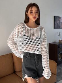 DAZY Hollow Out Drop Shoulder Crop Top Without Bra Going Out Tops Festival Sheer,Beach Outfits Long Sleeve Women Tops,Fall Women Clothes - White - View 6
