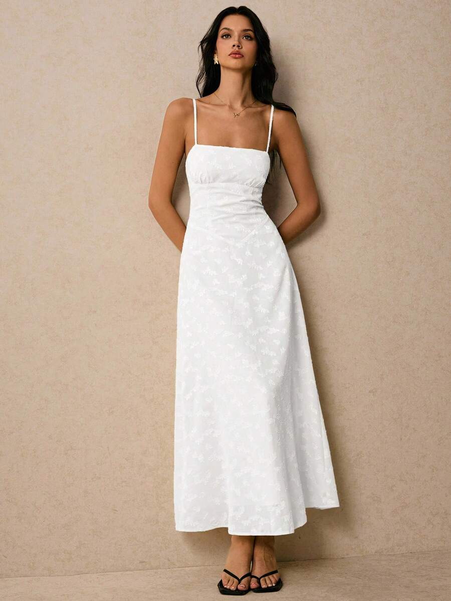 Poéselle Women's Summer Jacquard Design Waisted Elegant Slip Midi Dress