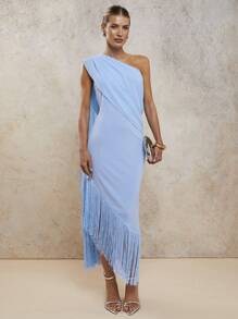 COSMINA Women's Solid Color Ruched Fringed Hem Dress, Elegant Long Dress