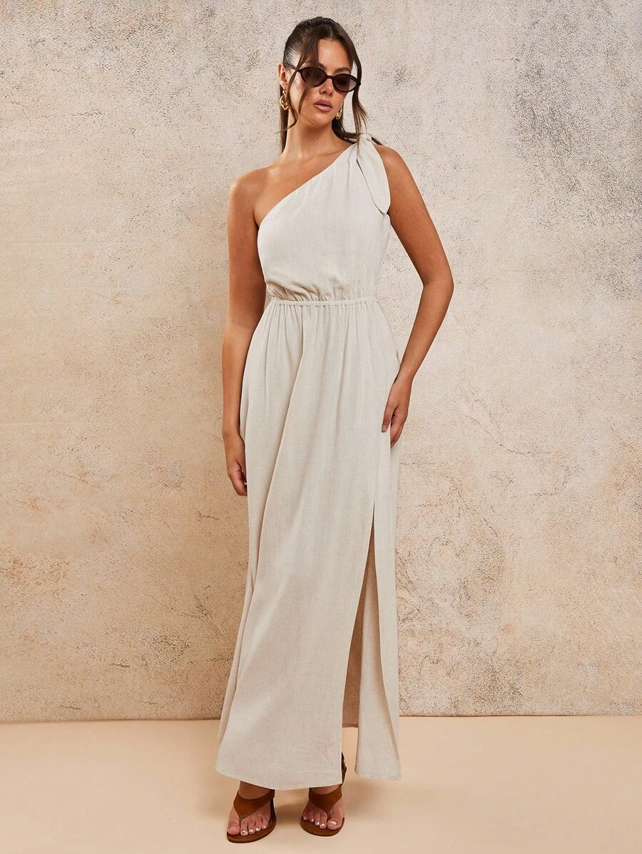 COSMINA Vestido de verano casual para mujer de unicolor sin mangas con abertura alta - Albaricoque - Ver 1