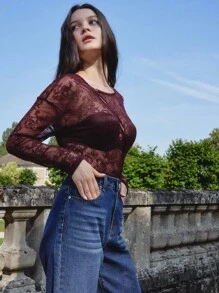 lacRébo Sexy Sheer Lace Long Sleeve Top With Asymmetric Buttons Spring Top Night Out Top Club Spring Summer - Burgundy - View 3
