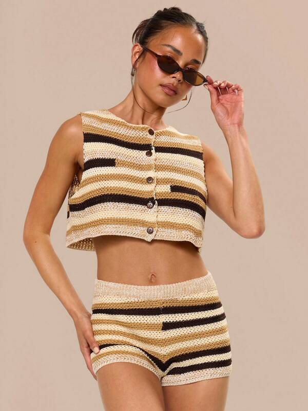 MUSERA Scoop Neck Mixed Crochet Striped Button Down Cropped Tank Top Beach Summer Vacation Holiday Festival Cute Casual Elegant Tuscan Sun