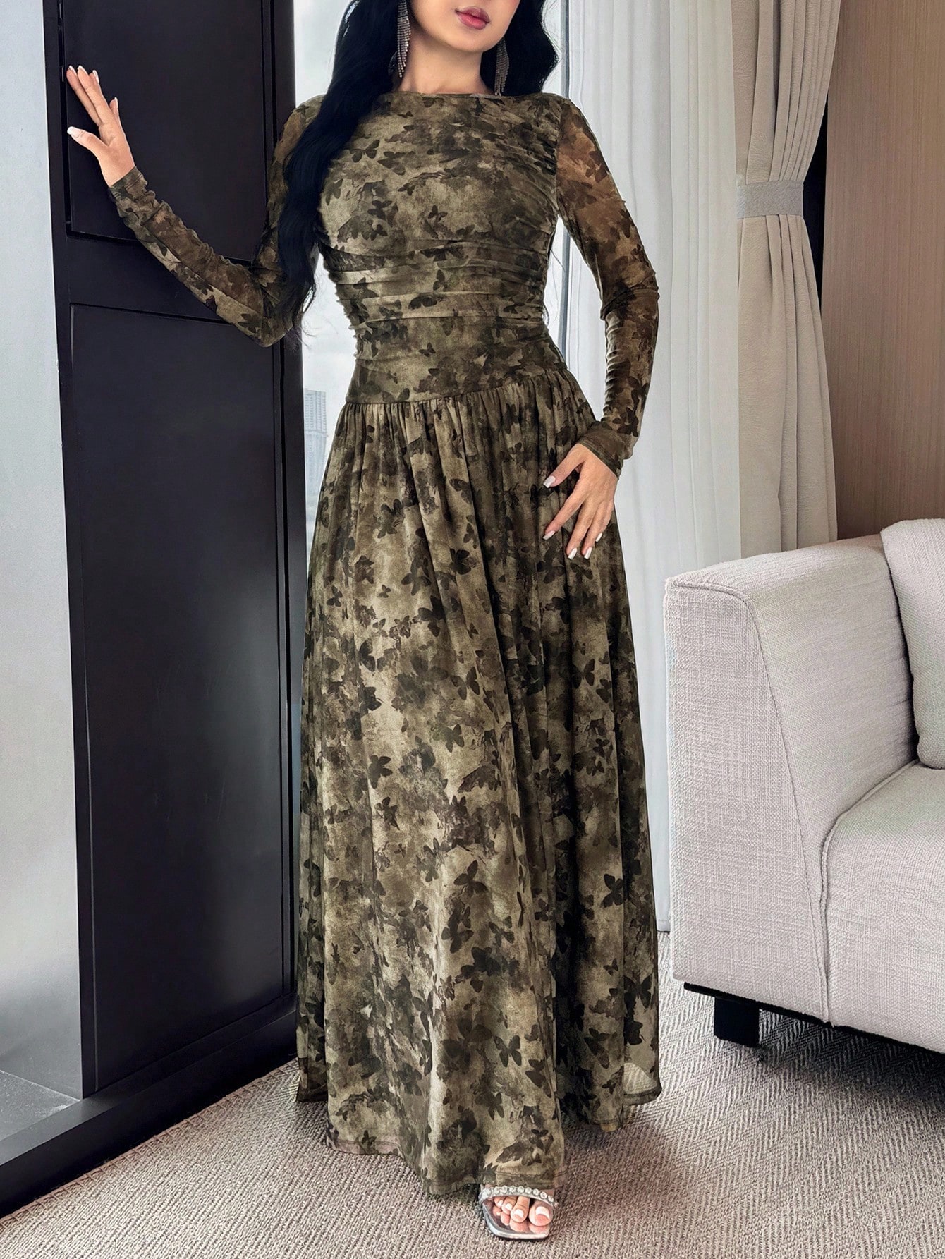 Modelyn اليوم الوطني السعودي فستان طويل مطبوع برسم...