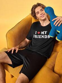 Notgurli Men's Slogan Print Short Sleeve Top And Shorts Pajama Set - Black - View 5