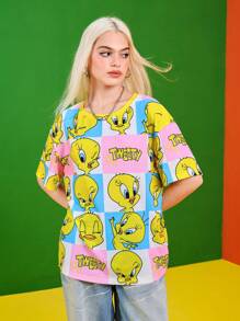 LOONEY TUNES X SHEIN 女式休闲街头风卡通字母图案宽松落肩T恤，夏季 - 黃色 - 查看 3