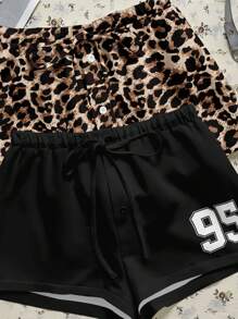SHEIN EZwear 2pcs/Set Women Leisure Sports Leopard Print & Stripes Pattern Button-Up Tie-Front Shorts Set, Suitable For Summer Back To School - Black - View 6