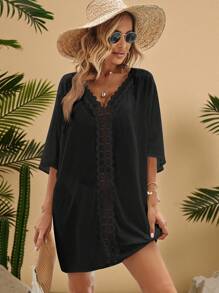 SHEIN VCAY Plus Size Women Vacation Solid Color Contrast Lace Batwing Sleeve Dress - Black - View 5