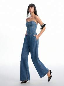 LYSMO 女士时尚纽扣设计口袋吊带牛仔连体裤 - 藍色 - 查看 1