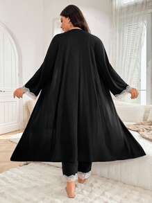SHEIN Set Pakaian Tidur Kasual Lembut dan Nyaman Ukuran Besar dengan Hiasan Renda, Pakaian Musim Gugur & Musim Dingin, Busana Nyaman - Hitam - View 2