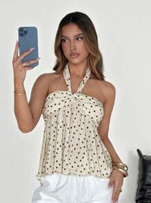 SHEIN EZwear Stockholm Style European Summer Apricot Polka Dot Women's Ruched Halter Neck Blouse Polka Dot Top Halter Top Pleated Top