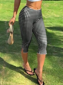 SHEIN EZwear Women's Plaid Knitted Elastic Leggings - Black and White - View 4