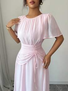 Elenzga Vestido largo con mangas paragua, cuello redondo, cintura recogida y cordón para mujer, de estilo francés romántico siciliano, elegante y casual, ideal para ir al trabajo, vacaciones, tarde de té