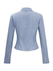 Chiquease 法式修身长袖蓝白条纹优雅通勤衬衫 - 藍色 - 查看 7